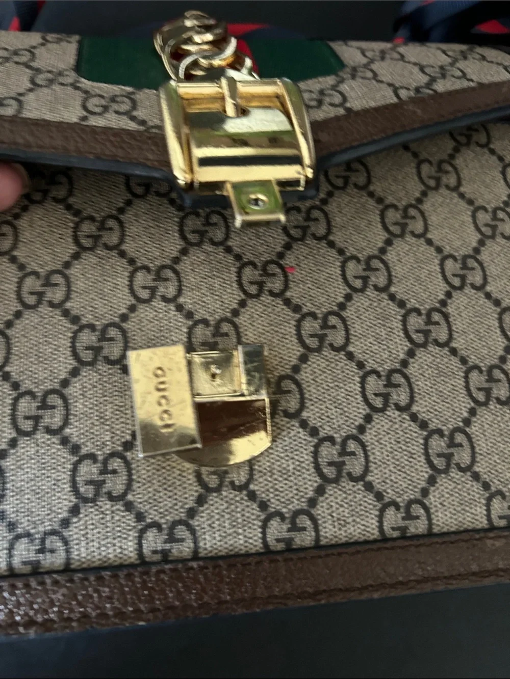 Beautiful Beige Crossbody with Green and Red-Blue Web Strap
